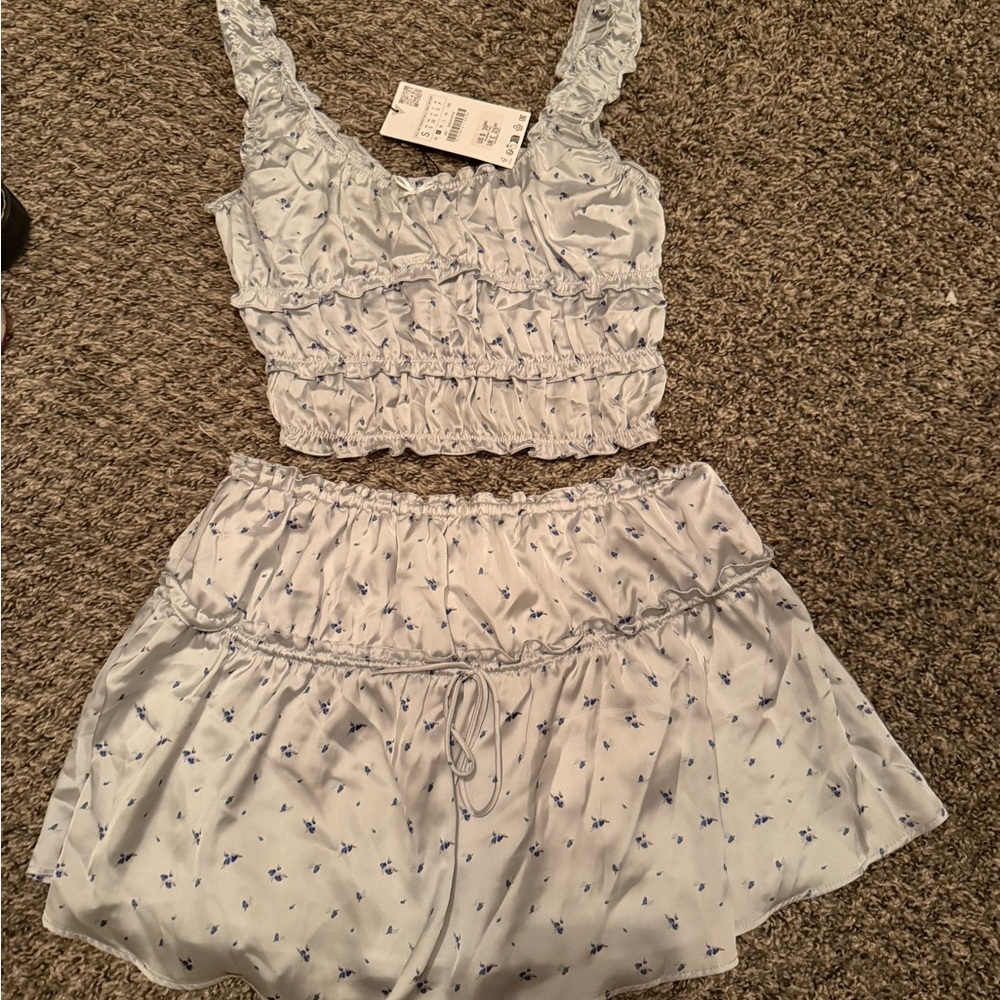 Zara Light Blue Floral Ruffle Top